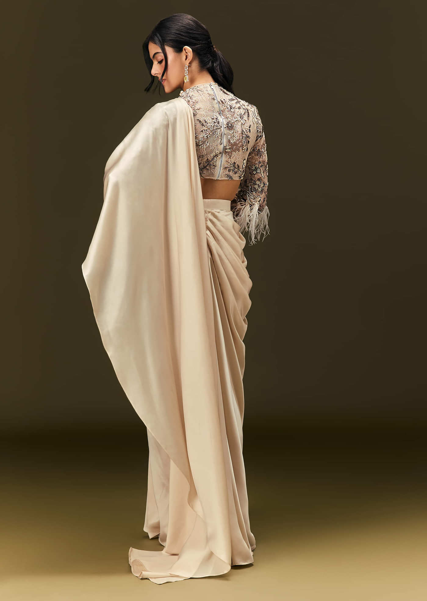 Off White Ready To Wear Satin Saree With Full Sleeve Blouse