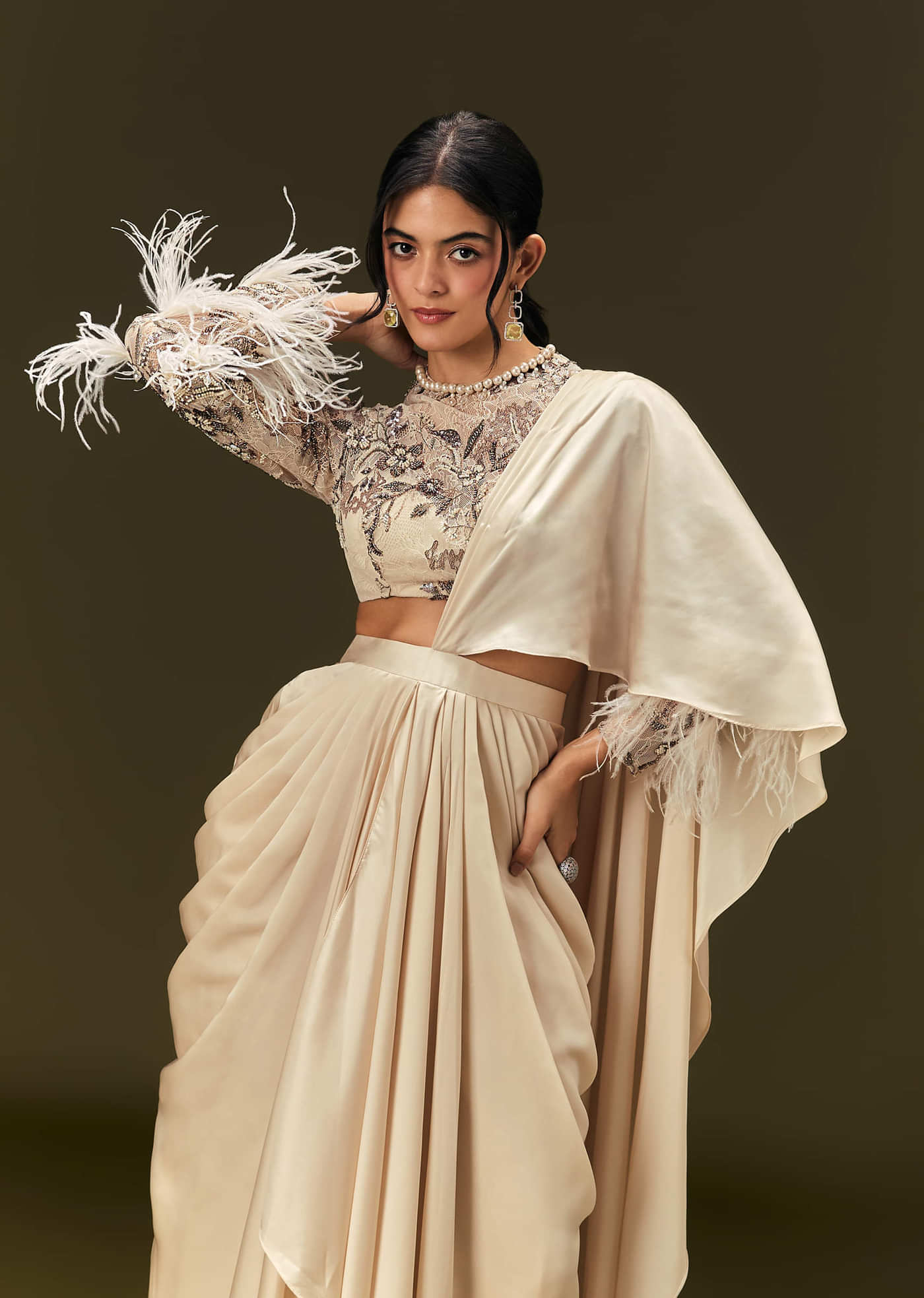 Off White Ready To Wear Satin Saree With Full Sleeve Blouse