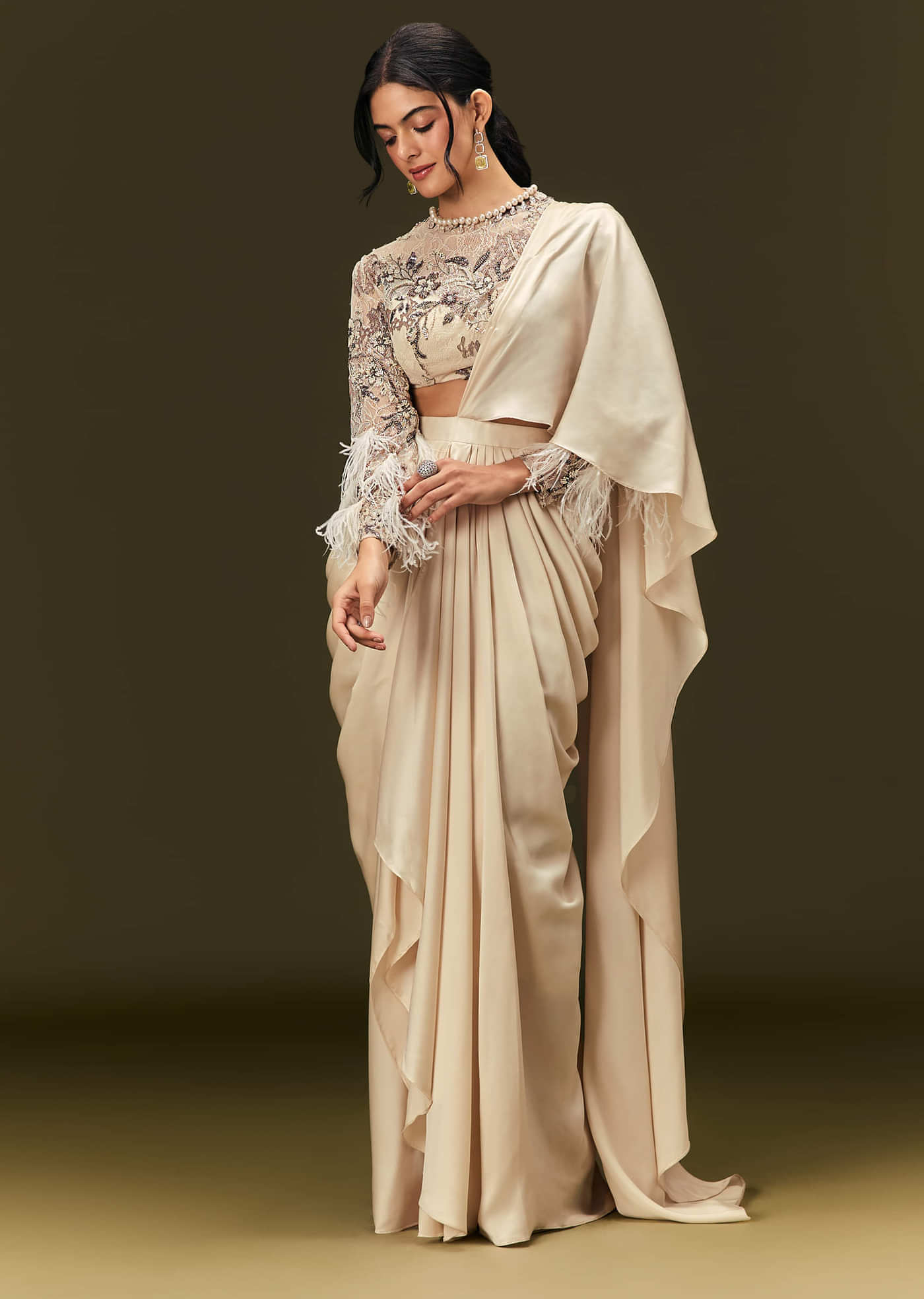 Off White Ready To Wear Satin Saree With Full Sleeve Blouse