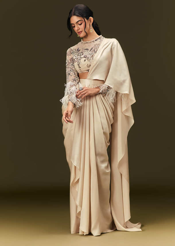 Off White Ready To Wear Satin Saree With Full Sleeve Blouse