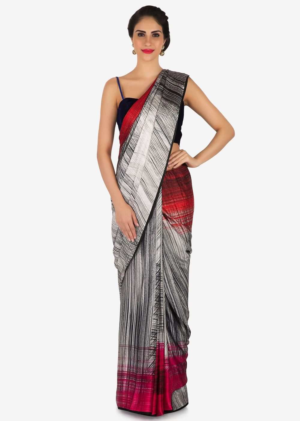 Off white, red and yellow shaded saree in print and kundan work only on Kalki