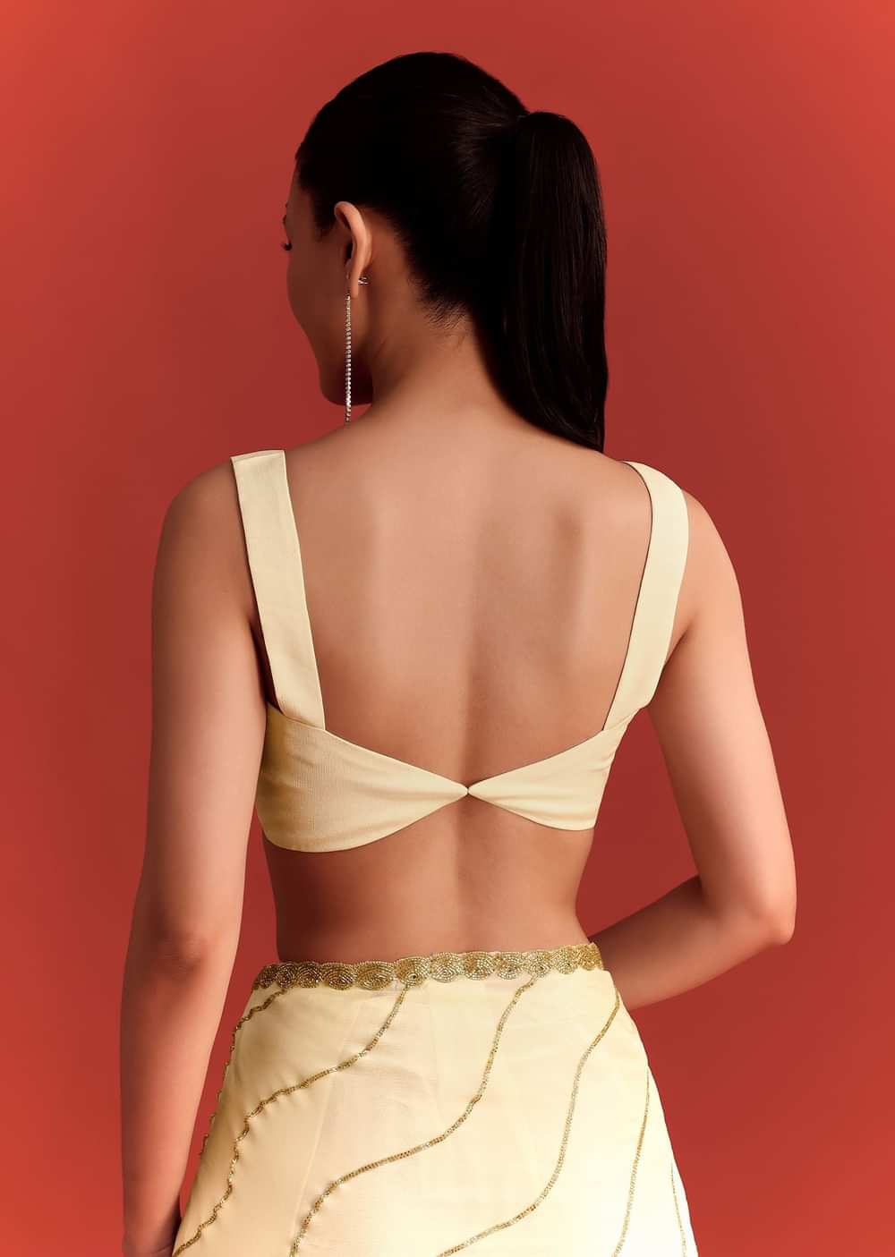 Off White Saree In Chinnon With Cutdana Embroidery