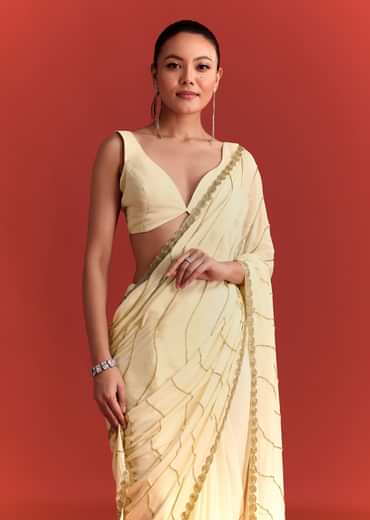 Off White Saree In Chinnon With Cutdana Embroidery