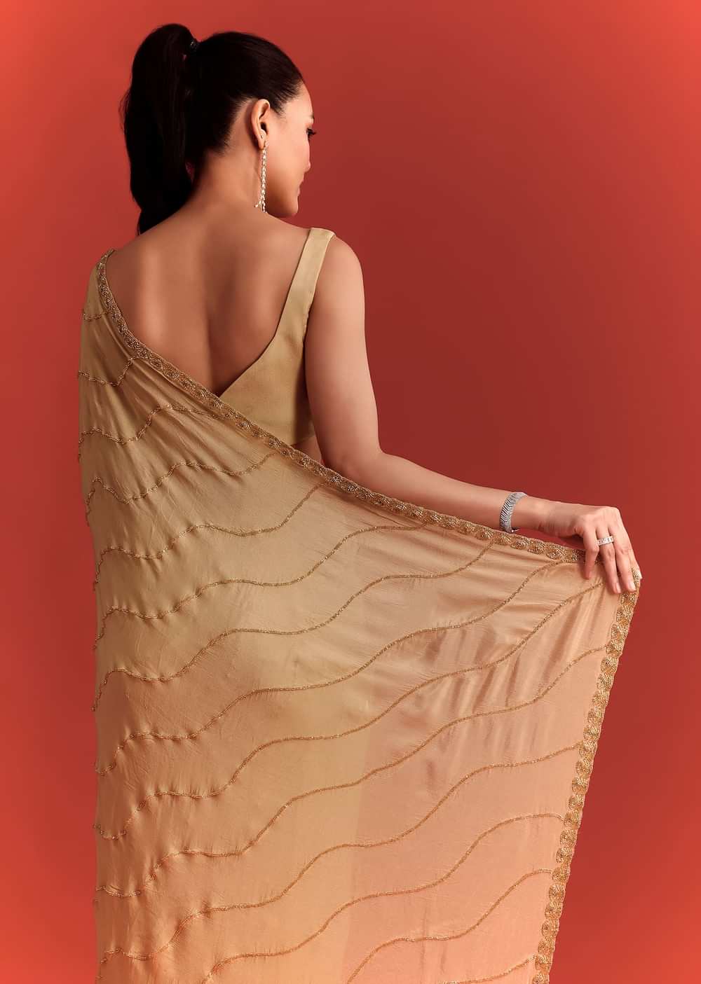 Off White Saree In Chinnon With Cutdana Work