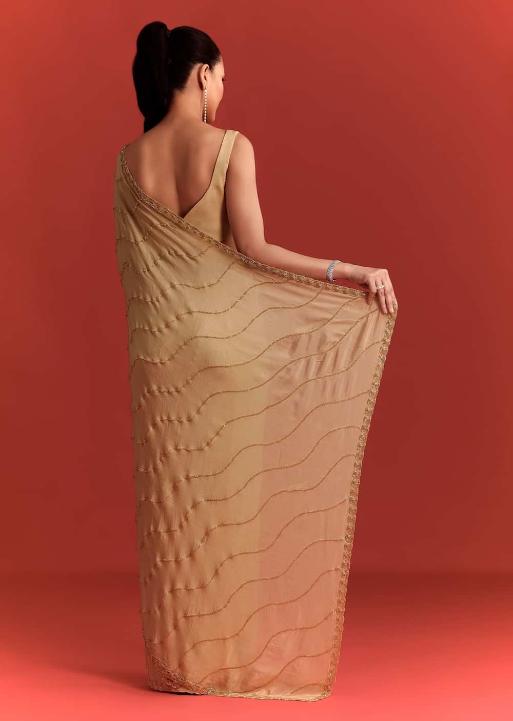 Off White Saree In Chinnon With Cutdana Work