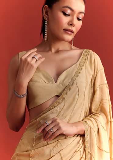 Off White Saree In Chinnon With Cutdana Work