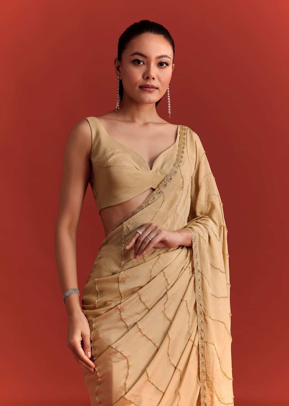 Off White Saree In Chinnon With Cutdana Work
