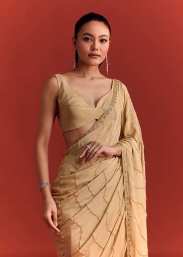 Off White Saree In Chinnon With Cutdana Work