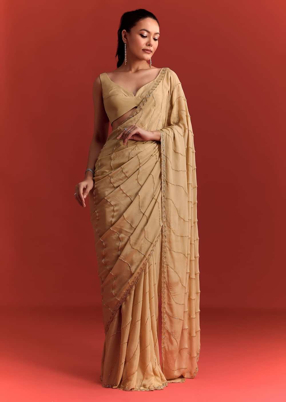 Off White Saree In Chinnon With Cutdana Work