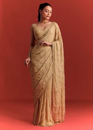Off White Saree In Chinnon With Cutdana Work