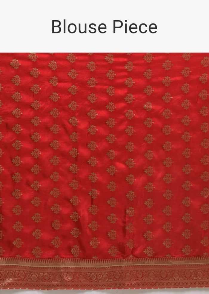 Off White Saree In Dola Silk With Brocade Leaf Shaped Buttis And Contrast Red Bandhani Border