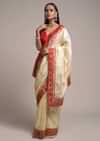 Off White Saree In Dola Silk With Brocade Leaf Shaped Buttis And Contrast Red Bandhani Border