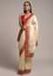 Off White Saree In Dola Silk With Brocade Leaf Shaped Buttis And Contrast Red Bandhani Border