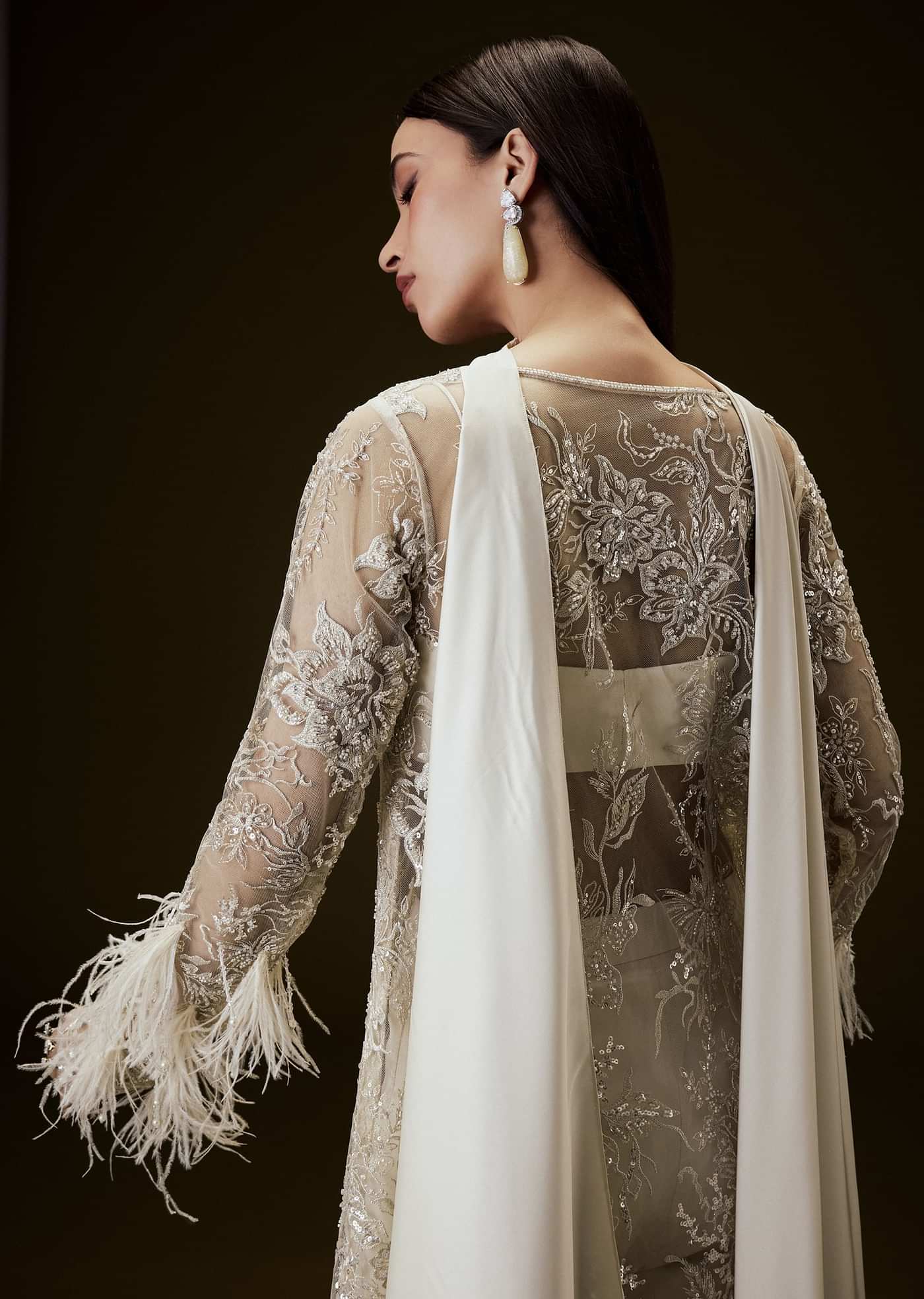 Off White Sequence Embroidered Sharara Set With Feather Sleeves Jacket And Bustier