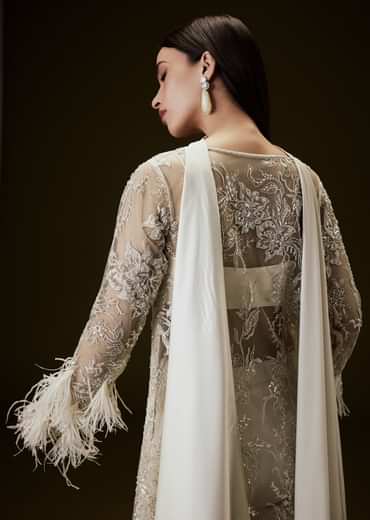 Off White Sequence Embroidered Sharara Set With Feather Sleeves Jacket And Bustier