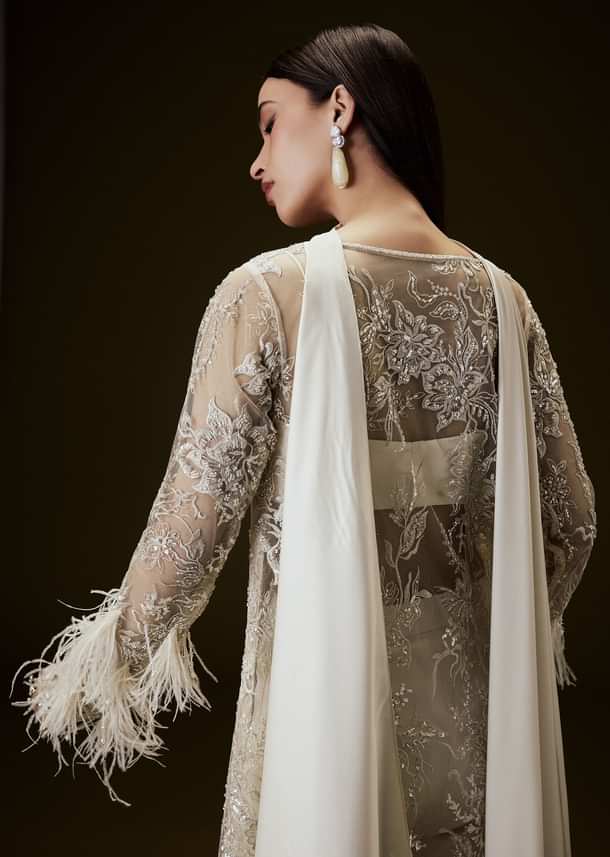 Off White Sequence Embroidered Sharara Set With Feather Sleeves Jacket And Bustier