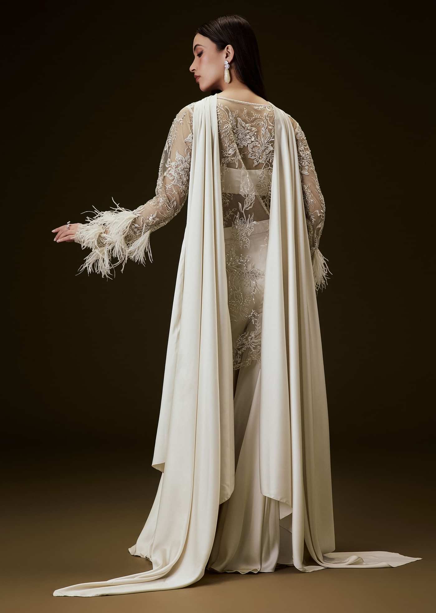 Off White Sequence Embroidered Sharara Set With Feather Sleeves Jacket And Bustier