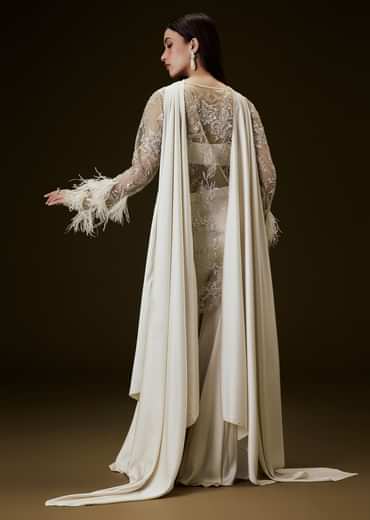 Off White Sequence Embroidered Sharara Set With Feather Sleeves Jacket And Bustier