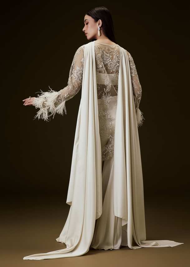 Off White Sequence Embroidered Sharara Set With Feather Sleeves Jacket And Bustier
