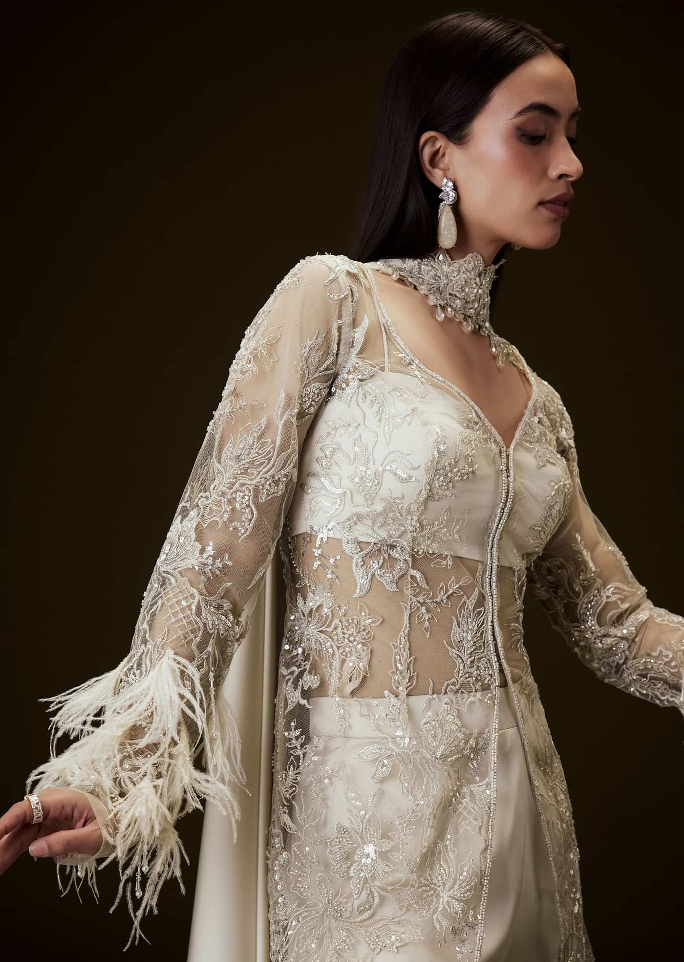 Off White Sequence Embroidered Sharara Set With Feather Sleeves Jacket And Bustier