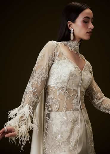 Off White Sequence Embroidered Sharara Set With Feather Sleeves Jacket And Bustier