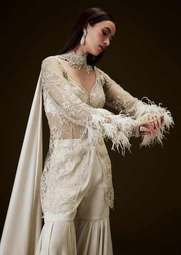 Off White Sequence Embroidered Sharara Set With Feather Sleeves Jacket And Bustier