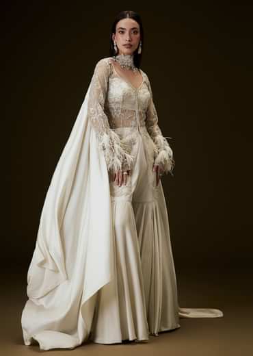 Off White Sequence Embroidered Sharara Set With Feather Sleeves Jacket And Bustier