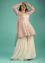 Off-White Georgette Sharara Suit with Peplum Kurti in Colorful Resham and Mirror Abla Jaal
