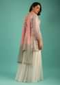 Off-White Georgette Sharara Suit with Peplum Kurti in Colorful Resham and Mirror Abla Jaal