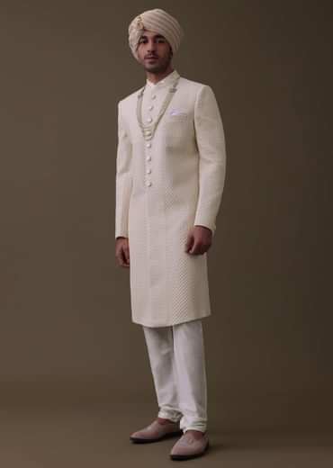 Off White Sherwani Set In Silk With Lucknowi Embroidery