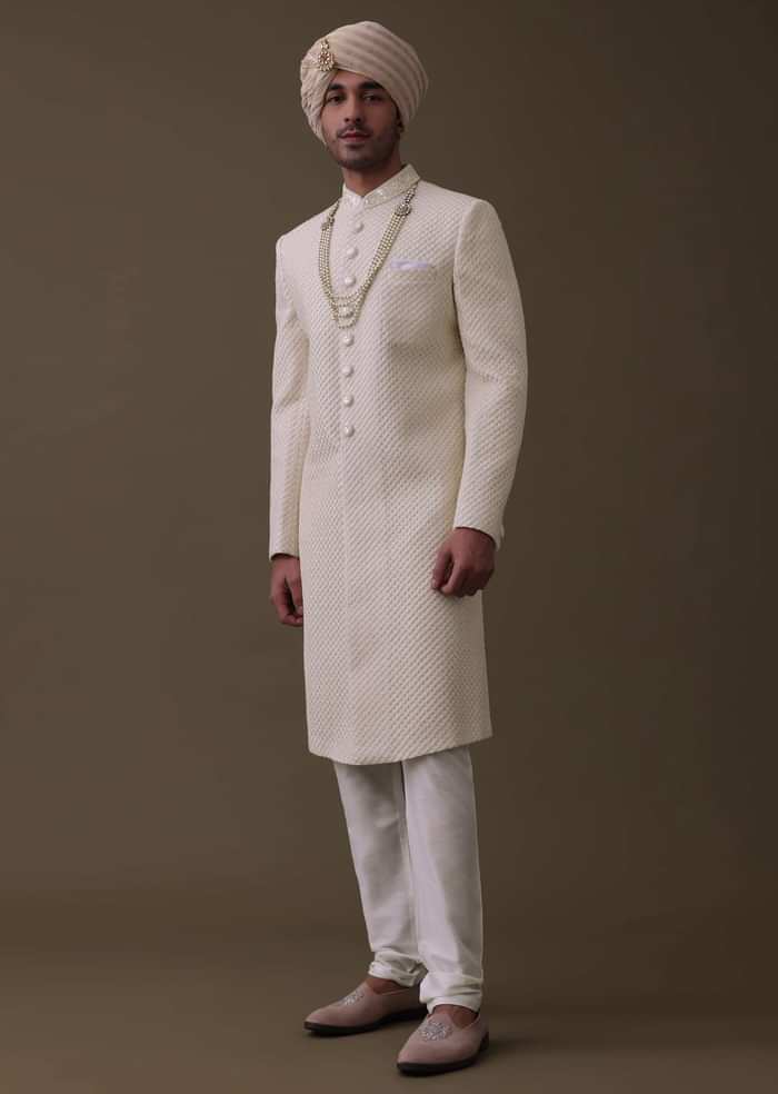 Off White Sherwani Set In Silk With Lucknowi Embroidery