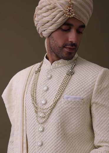 Off White Sherwani Set In Silk With Lucknowi Embroidery