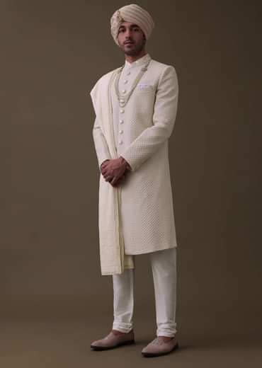Off White Sherwani Set In Silk With Lucknowi Embroidery