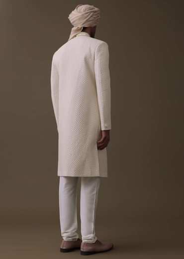 Off White Sherwani Set In Silk With Lucknowi Embroidery