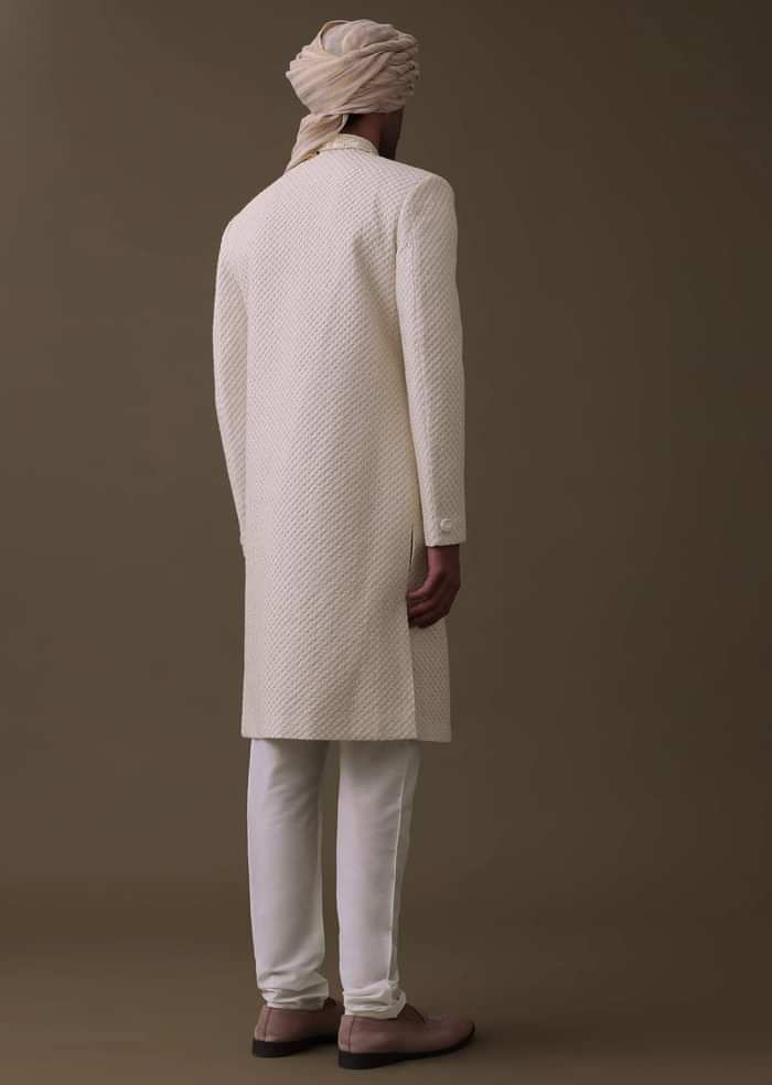 Off White Sherwani Set In Silk With Lucknowi Embroidery