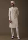 Off White Silk Sherwani Set With Lucknowi Embroidery And Mala