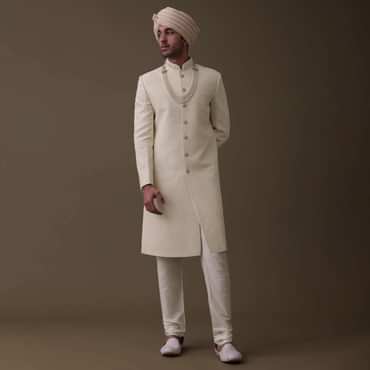 Off White Silk Sherwani Set With Lucknowi Embroidery And Mala