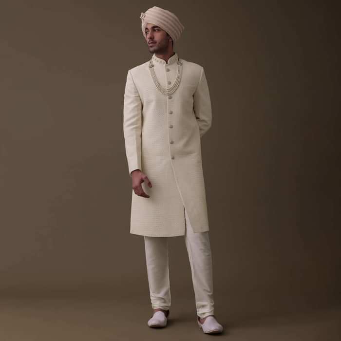 Off White Silk Sherwani Set With Lucknowi Embroidery And Mala