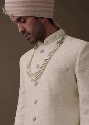 Off White Silk Sherwani Set With Lucknowi Embroidery And Mala