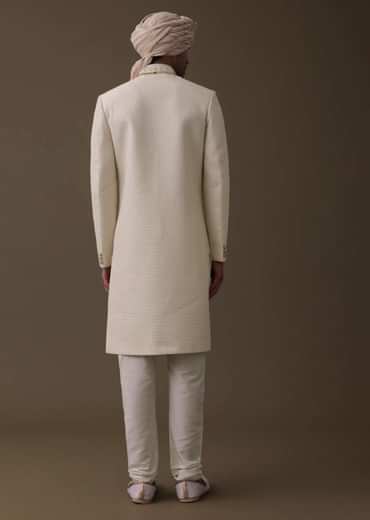 Off White Silk Sherwani Set With Lucknowi Embroidery And Mala