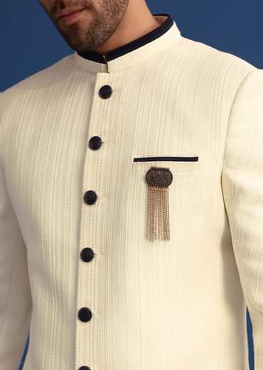 Off White Silk Blend Jodhpuri Set with Textured Detail
