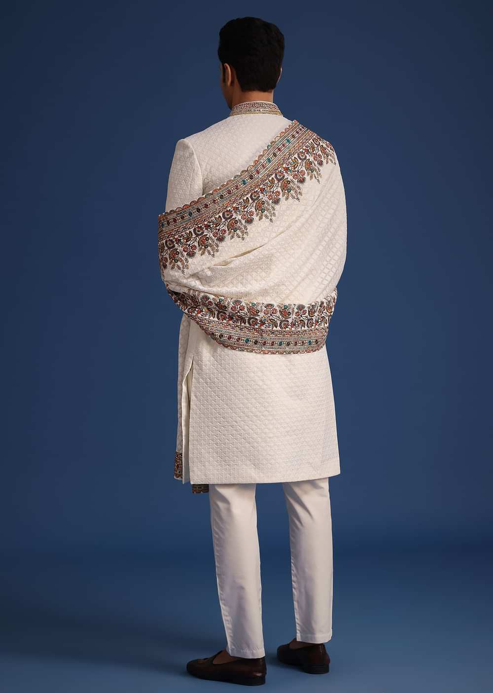 Off White Silk Embroidered Sherwani Set With Dupatta