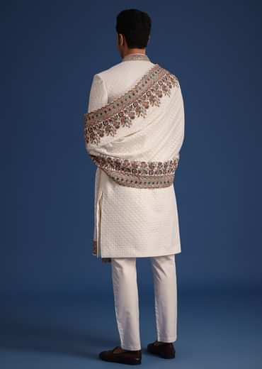 Off White Silk Embroidered Sherwani Set With Dupatta