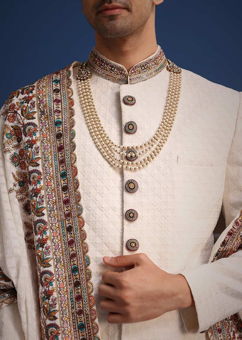Off White Silk Embroidered Sherwani Set With Dupatta