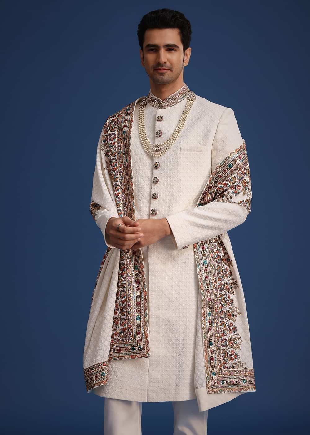 Off White Silk Embroidered Sherwani Set With Dupatta