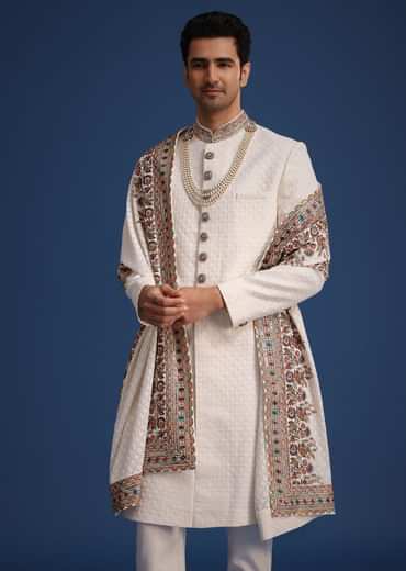 Off White Silk Embroidered Sherwani Set With Dupatta
