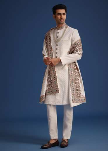 Off White Silk Embroidered Sherwani Set With Dupatta