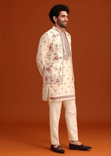 Off White Silk Resham Work Kurta Jacket Set