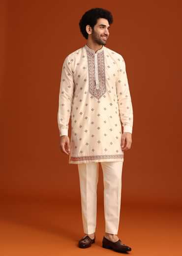 Off White Silk Resham Work Kurta Jacket Set