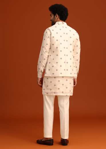 Off White Silk Resham Work Kurta Jacket Set